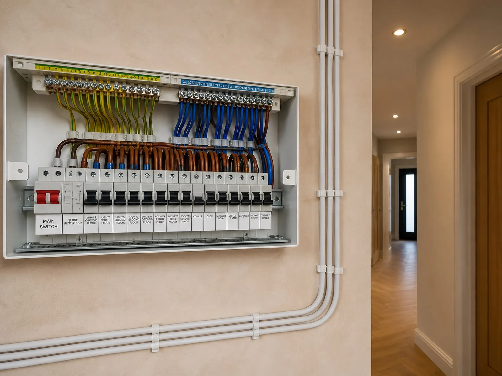 Labelled consumer unit in a finished hallway, Reid Electrical Services