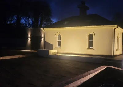 Exterior lighting brings this building to life after dark.